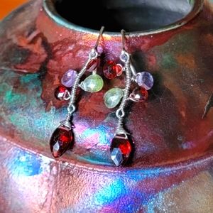 Sterling Silver Earrings with Garnet, Peridot and Amethyst